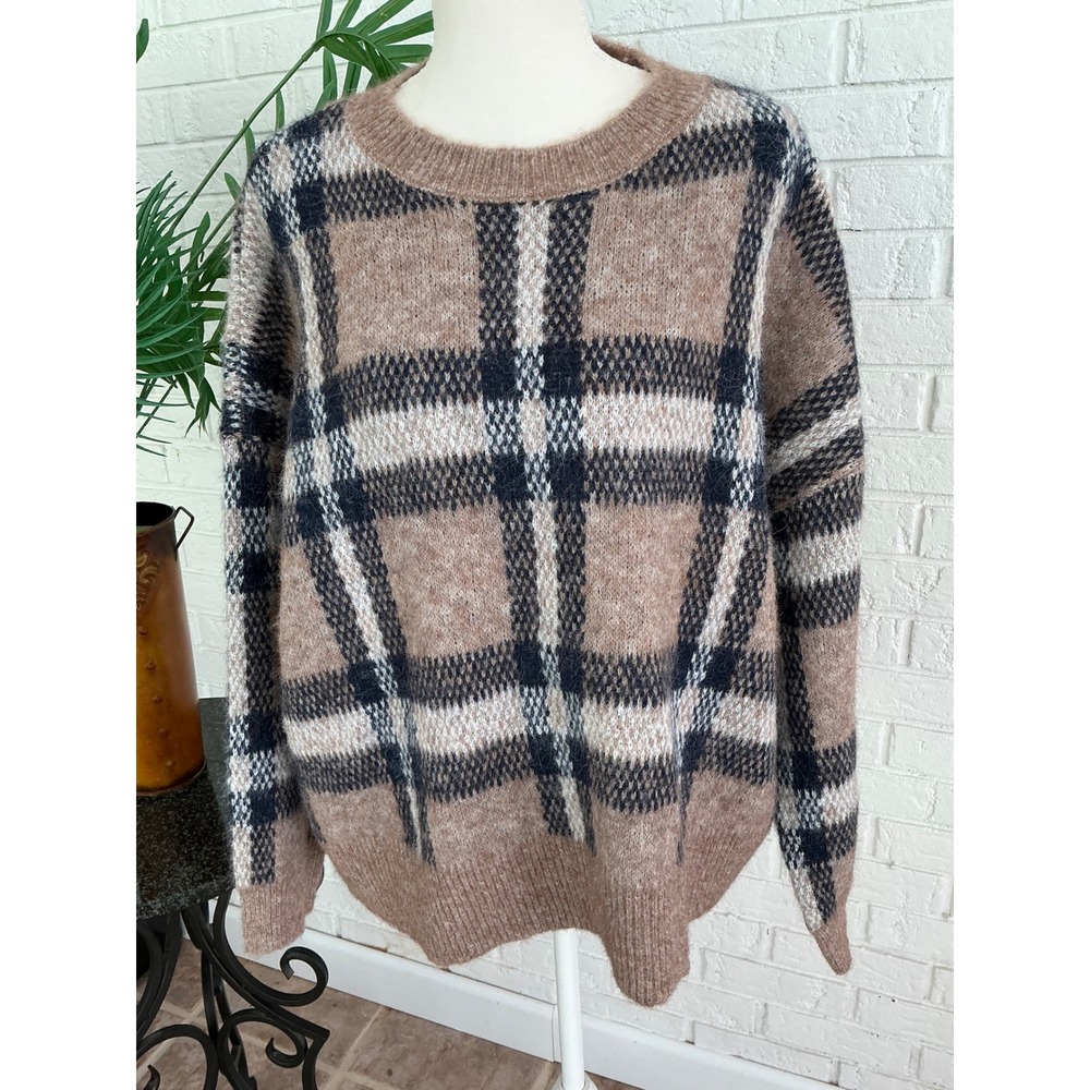 Vince Camuto Sweater Women XL Tan NWT Plaid Crewneck Fuzzy Knit Long Sleeve